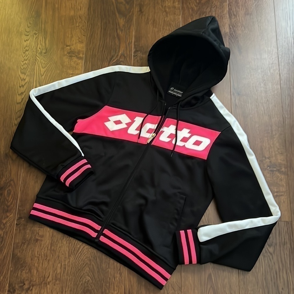 LOTTO Track Jacket Retro Hoodie Hot Neon Pink & Black NWOT